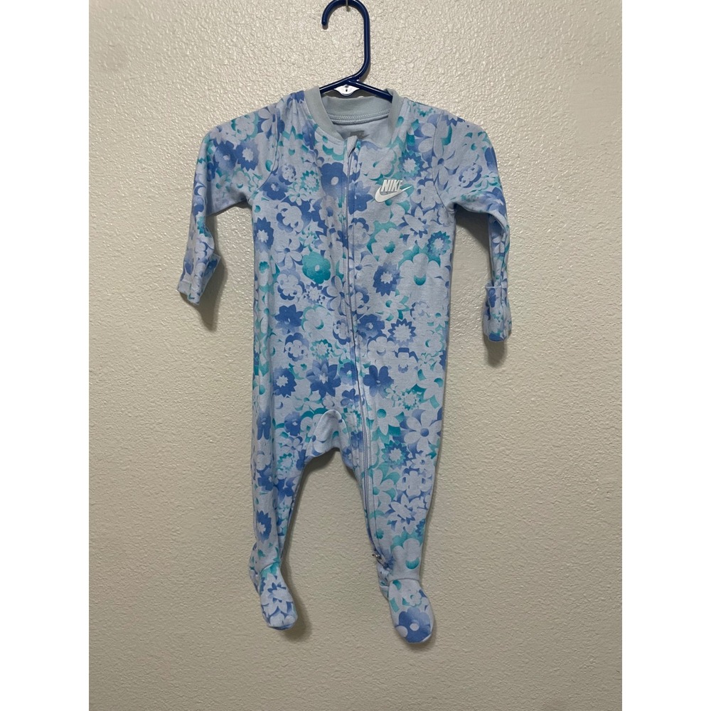 Nike Footed Sleeper Baby Girls 6M Blue Floral Excellent Zip Front Romper
